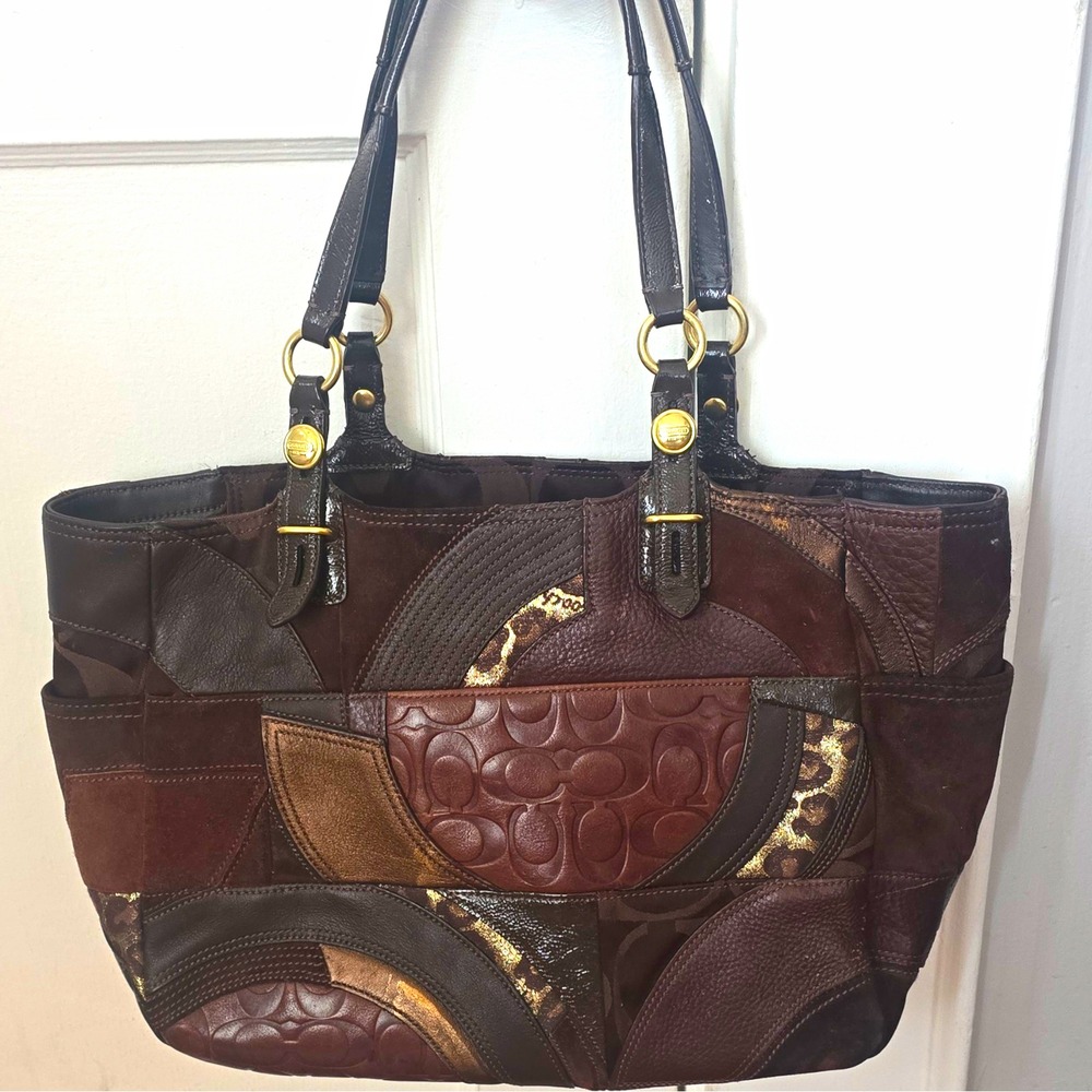 vintage Coach Brown Signature Patchwork Tote Zip Top, Pockets, Gold Hardware